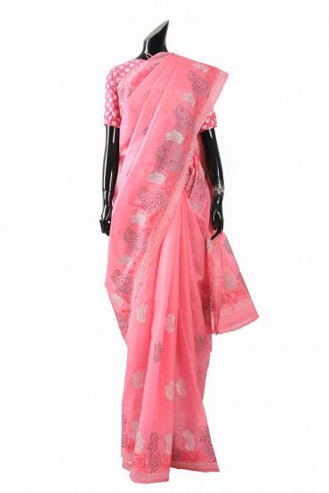 Signature Gold Printed Cotton Sari With Blouse Piece