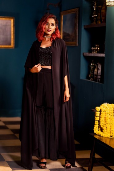 Glamorous Swarovski Studded Top, Sharara, & Long Shrug Set