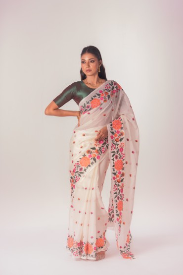 Floral Embroidered Cotton Sari