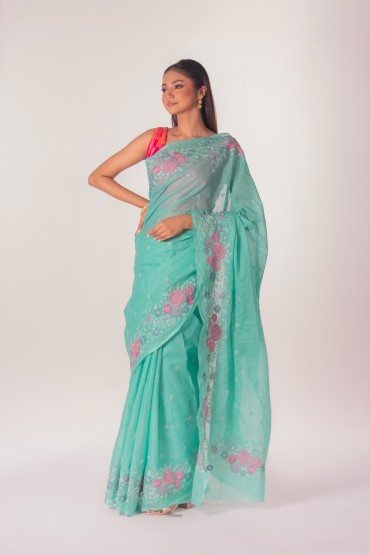 Floral Embroidered Cotton Sari