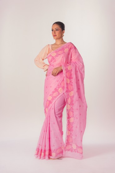 Lace Stitch Embroidered Cotton Sari