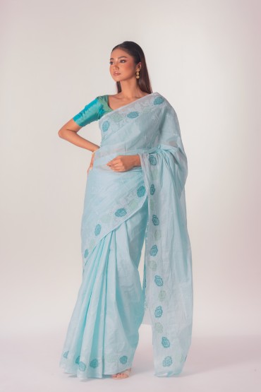 Lace Stitch Embroidered Cotton Sari