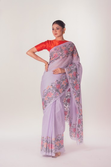 Rose Embroidered Cotton Sari