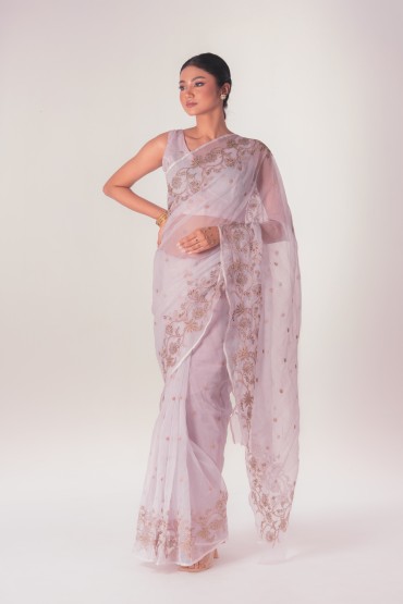 Half Silk Embroidered Floral Sari