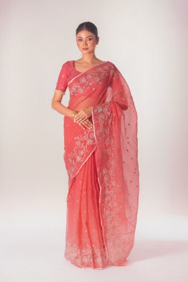 Half Silk Embroidered Floral Sari