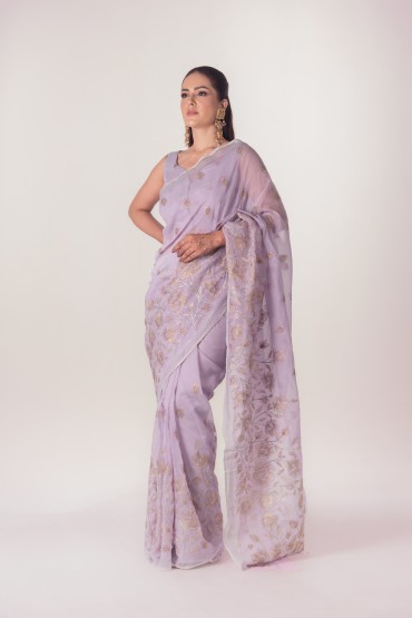 Half Silk Embroidered Lotus Sari