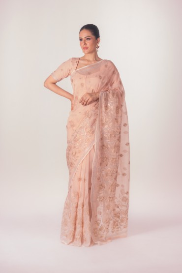 Half Silk Embroidered Lotus Sari